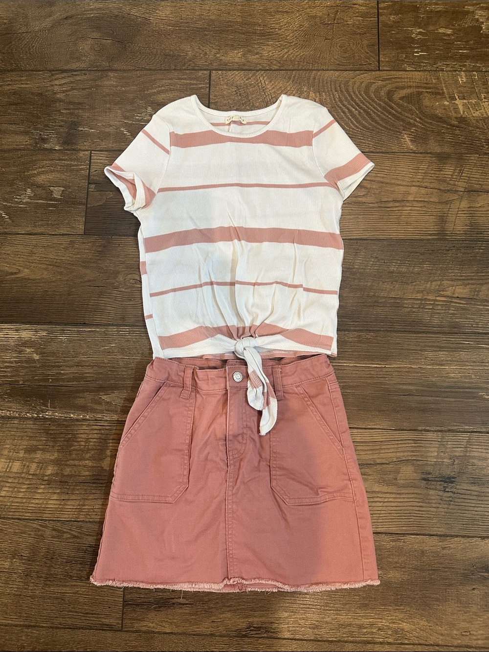Kids' Pink Stripe Tie-Front Top & Dusty Rose Skirt Set